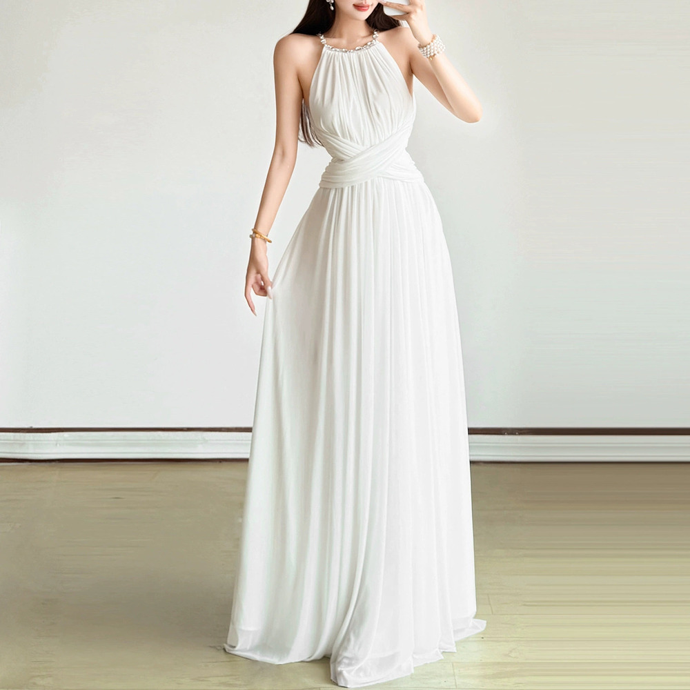 Zara Summer Sleeveless Crisscross Halter Neck Rhinestone Pleated Dress